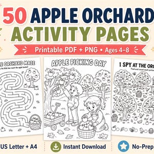 Könnte beinhalten: Eine Sammlung von 50 Apfelplantagen-Aktivitätsseiten mit schwarz-weißen Strichzeichnungen. Das Set enthält druckbare PDF- und PNG-Dateien für Kinder von 4-8 Jahren, darunter Labyrinthe, Ausmalbilder von Kindern und Suchspiele.