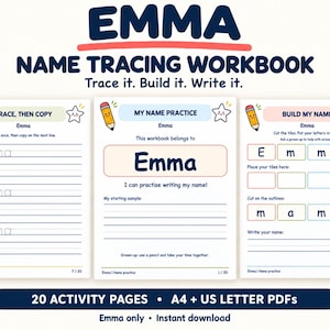 Może przedstawiać: Zeszyt ćwiczeń do nauki pisania imienia Emma z trzema stronami aktywności, ciemnoniebieskim tekstem EMMA NAME TRACING WORKBOOK, Trace it. Build it. Write it. Strony zawierają ilustracje ołówków, gwiazdek, linie do pisania i kafelki.