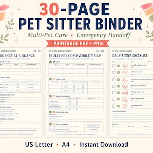 May include: A 30-page pet sitter binder printable PDF and PNG set featuring three pages: Emergency At-A-Glance, Multi-Pet Compatibility Map, and Daily Sitter Checklist. The documents include sections for contact info, care notes, and daily tasks.