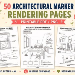 May include: A digital collection of 50 architectural marker rendering pages in printable PDF and PNG formats. The set includes instructional worksheets for drawing sunlit windows, creative studio interiors, and modern homes in two-point perspective.