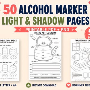 Op de afbeelding: Een set van 50 oefenpagina's voor licht en schaduw met alcoholmarkers in printbare PDF- en PNG-formaten. De vellen bevatten lijntekeningen met basisprincipes van lichtrichting, een studie van een metalen ketel en een lichtuitdaging.