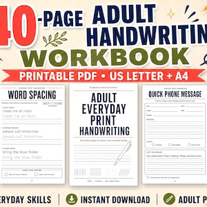 Può includere: Un quaderno di esercizi di calligrafia per adulti di 40 pagine in formato PDF stampabile US Letter e A4. La copertina riporta il titolo Adult Everyday Print Handwriting con l'illustrazione di una penna. Due pagine interne mostrano modelli di scrittura.
