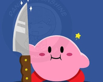 Kirby | Kirby and Knife Illustrated Square 5x5 Print Cute Video Game Art