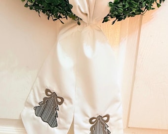 Embroidered Christmas Tree Wreath Sash | Neutral Holiday Door Bow, Farmhouse Decor