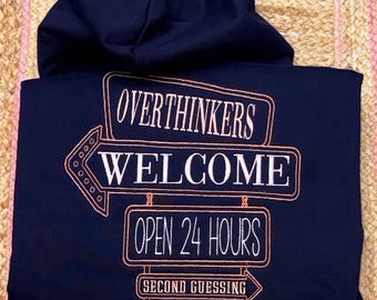 Overthinkers Welcome - Black Embroidered double-zip Hoodie – Oversized Sweatshirt.