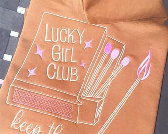 Lucky Girl - Brown Embroidered Double Zip Hoodie – Oversized Sweatshirt.
