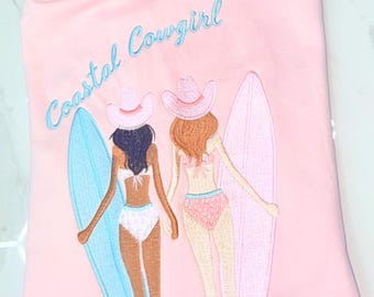 Coastal Cowgirl -  Pink Embroidered Double Zip Hoodie – Oversized Sweatshirt.