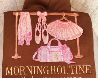 Morning Routine Hoodie Ballet Dancer – Brown Embroidered Double Zip Hoodie – Oversized Sweatshirt.
