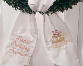 Personalized Embroidered Birthday Wreath Sash | Custom Cake Door Decor, Keepsake Bow