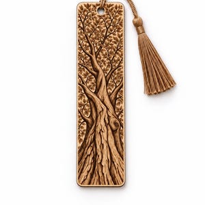 May include: A rectangular wooden bookmark featuring a detailed laser-engraved illustration of a large tree with textured bark and dense foliage. The bookmark has a small circular hole at the top, through which a light brown decorative tassel is attached.