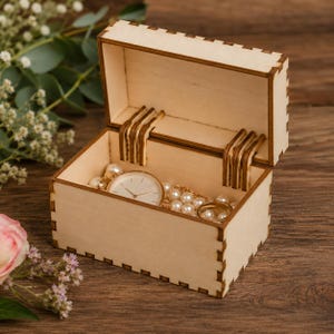 Puede incluir: Una caja rectangular de madera clara con tapa abatible y juntas de unión dentadas. Dentro de la caja abierta se encuentra un reloj de pulsera dorado con esfera blanca y un collar de perlas blancas descansando en el fondo del recipiente.