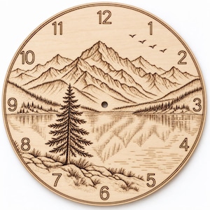 Könnte beinhalten: Ein kreisförmiges Zifferblatt aus hellem Holz mit einer detaillierten Lasergravur einer Landschaft. Das Motiv zeigt ein Gebirge, einen ruhigen See mit Spiegelungen, einen einzelnen Nadelbaum im Vordergrund und vier Vögel am Himmel.