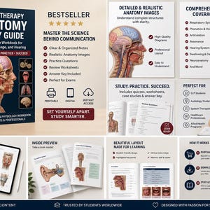 May include: A speech therapy anatomy study guide workbook featuring a dark blue cover with a human head anatomical illustration. The guide includes detailed diagrams of the respiratory, phonation, and hearing systems, practice questions, and worksheets.