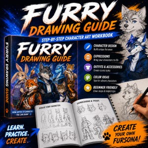 May include: A Furry Drawing Guide step-by-step character art workbook featuring a black cover with colorful anthropomorphic animal illustrations, open pages showing sketch tutorials, and a list of design topics including expressions and outfits.