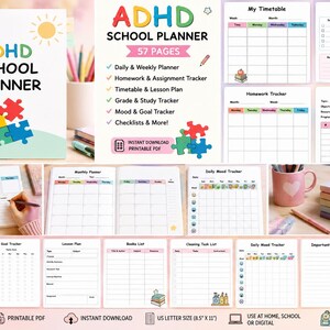 May include: An ADHD school planner with 57 pages, featuring a spiral-bound cover with colorful puzzle pieces and a sun icon. The planner includes daily and weekly layouts, homework, assignment, grade, study, mood, and goal trackers in a printable PDF format.