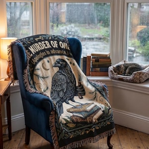 Woven Crow Raven Blanket, Dark Cottagecore Gothic Tapestry, Bookworm Gift