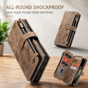 Pode incluir: Uma capa de telemóvel tipo carteira em castanho com bolso de fecho, fecho magnético e várias ranhuras para cartões. O texto ALL-ROUND SHOCKPROOF e SAVE YOUR PHONE FROM DROPPING é visível na parte superior da imagem.