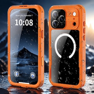 Puede incluir: Una funda protectora naranja para smartphone mostrada de frente y de espaldas. La parte frontal muestra una pantalla con la hora 10:08 y la fecha miércoles 7 de septiembre. La parte trasera incluye una cubierta de cámara y un anillo magnético.