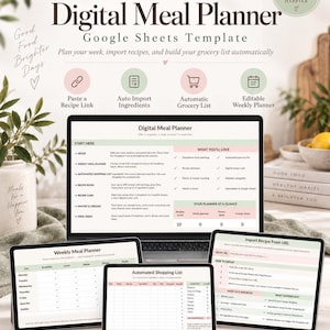Digital Meal Planner Google Sheets | Recipe Import & Automatic Grocery List
