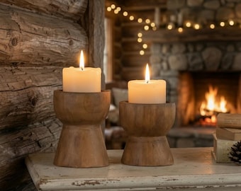 Rustic Wooden Pillar Candle Holders Set of 2 for Farmhouse Mantel Decor
