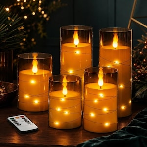 Flameless Acrylic Pillar Candles with Star Fairy Lights, Remote Timer, Set of 5
