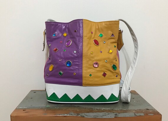 Vintage 1980s Leather Rhinestone Purse, Rainbow La