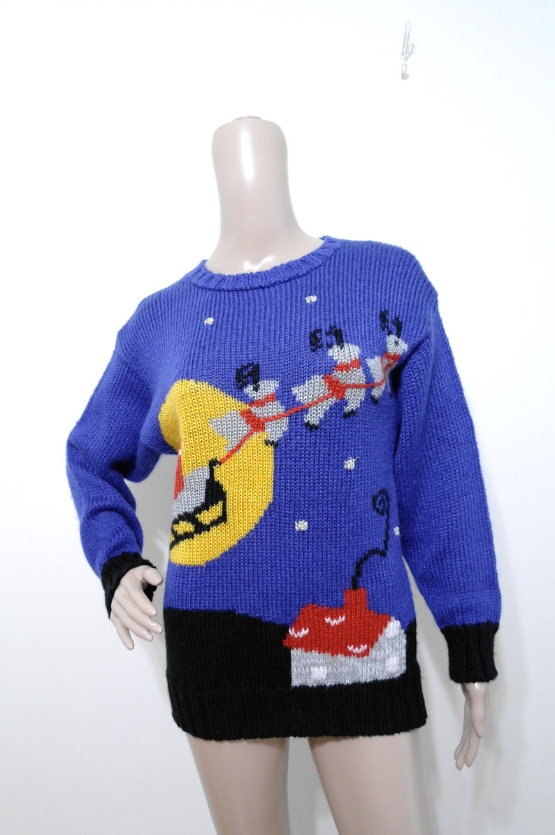 Knit Santa/'s Sleigh and Reindeer Small Ugly Christmas Sweater Vintage Christmas Sweater 80s Christmas Sweater