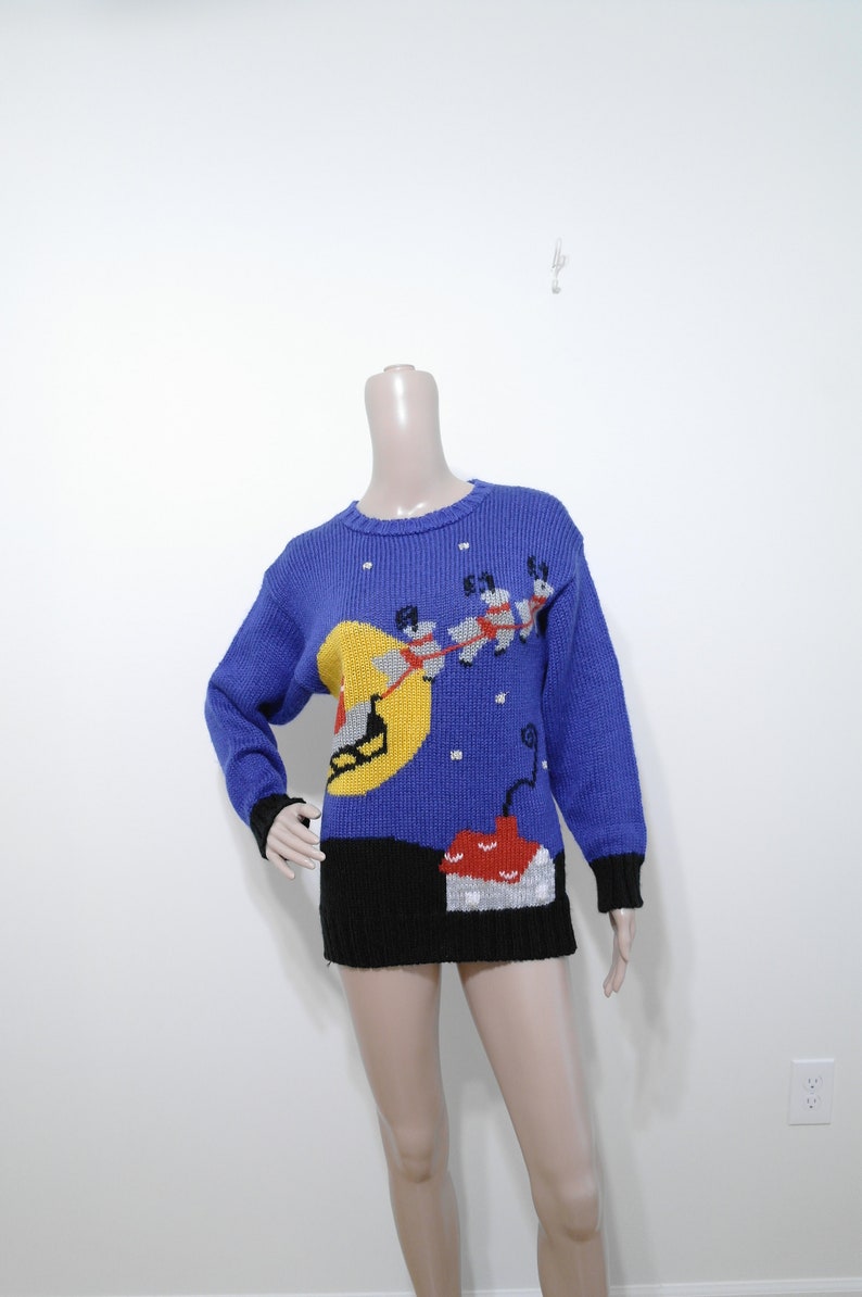 Knit Santa/'s Sleigh and Reindeer Small Ugly Christmas Sweater Vintage Christmas Sweater 80s Christmas Sweater