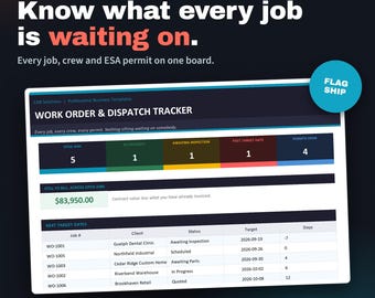 Electrical Work Order & Dispatch Tracker | Excel | Jobs, Crew, ESA Permits and Progress Billing
