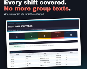 Cleaning Crew Shift Scheduler | Excel Template, Instant Download