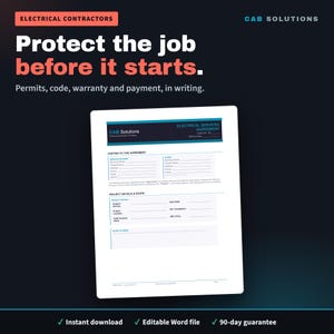 Pode incluir: Um documento branco intitulado Electrical Services Agreement da CAB Solutions, com seções para as partes, detalhes do projeto e escopo do trabalho. O fundo é escuro com o texto Protect the job before it starts.