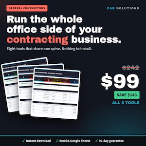 Op de afbeelding: Een digitale softwareadvertentie voor CAB Solutions met drie overlappende spreadsheet-interfaces voor project- en onderaannemer-tracking. De tekst luidt: Run the whole office side of your contracting business. Eight tools that share one spine. Nothing to install. $99, save $143, all 8 tools.