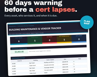 Building Maintenance & Vendor Tracker | Excel | PM Schedules, Assets and Insurance Certificate Expiry