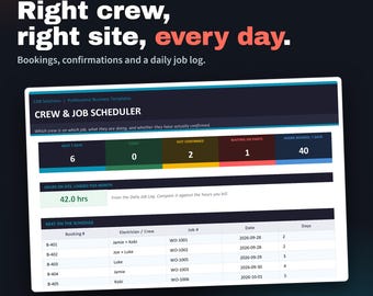 Electrical Crew & Job Scheduler | Excel | Bookings, Confirmations and Daily Job Log
