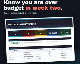 Job Cost & Expense Tracker | Excel | Budget vs Actual on Every Job