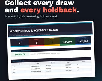 Progress Draw & Holdback Tracker | Excel | Draws, Payments and Construction Act Holdback