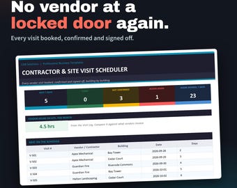 Contractor & Site Visit Scheduler | Excel | Vendor Visits Booked, Confirmed and Signed Off