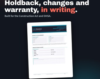 Construction Services Agreement Template | Word | Holdback, Changes, Warranty & WSIB