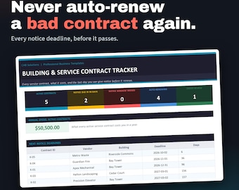 Building Service Contract Tracker | Excel | Notice Deadlines, Auto-Renewals & Vendor Performance