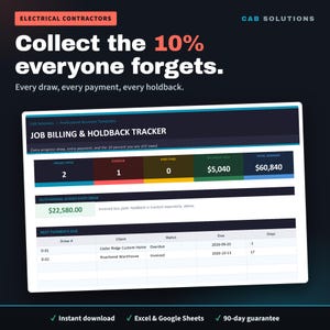 May include: A digital job billing and holdback tracker template for electrical contractors by CAB Solutions. The interface displays financial data including draws open, overdue payments, holdback held, and total invoiced amounts in a table format.