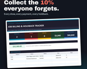 Electrical Job Billing & Holdback Tracker | Excel | Progress Draws, Payments and 10% Holdback