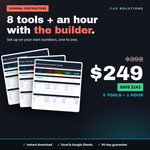 Puede incluir: Un anuncio de producto digital para CAB Solutions que presenta tres plantillas de hoja de cálculo tituladas Project & Change Order Tracker, Job Cost & Expense Tracker y Progress Draw & Holdback Tracker, con el texto 8 tools + an hour with the builder.