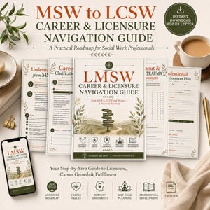 May include: A digital MSW to LCSW career and licensure navigation guide featuring multiple printed pages with text, a road sign illustration, and icons for licensure, career values, burnout assessment, self-care planning, and professional development.