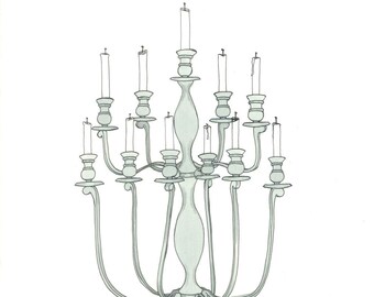 Candelabra - original ink and watercolor drawing, painting, illustration