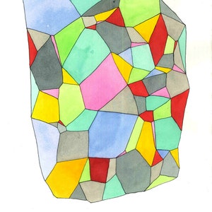 May include: Abstract watercolor painting featuring a mosaic of irregular shapes in various colors. The artwork includes shades of blue, green, pink, yellow, red, and gray, outlined in black against a white background.