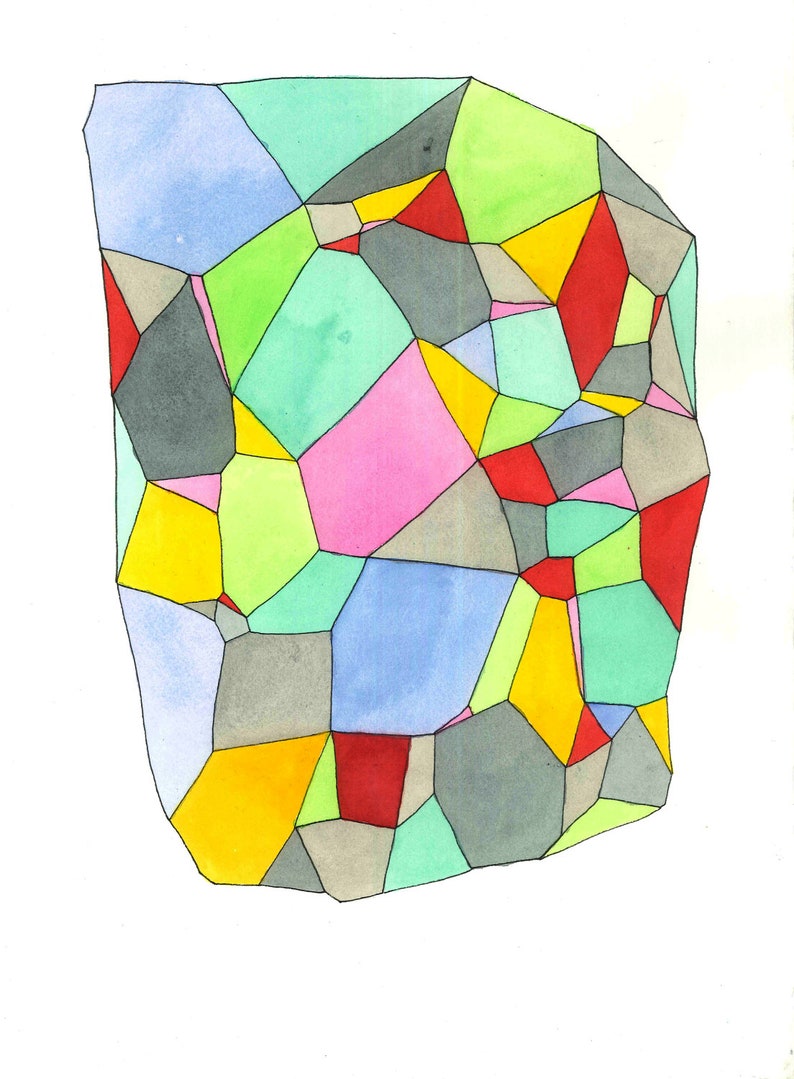 May include: Abstract watercolor painting featuring a mosaic of irregular shapes in various colors. The artwork includes shades of blue, green, pink, yellow, red, and gray, outlined in black against a white background.