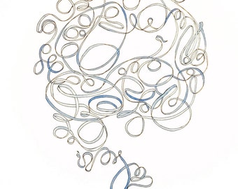 Ruban bleu - dessin original d’encre et de gouache, peinture, illustration