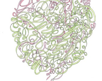 Pink and Green Ribbon - original ink and gouache drawing