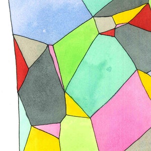 May include: Abstract watercolor painting featuring a mosaic of irregular shapes in various colors. The palette includes blue, green, pink, yellow, gray, and red, outlined in black. The artwork has a modern, geometric aesthetic.