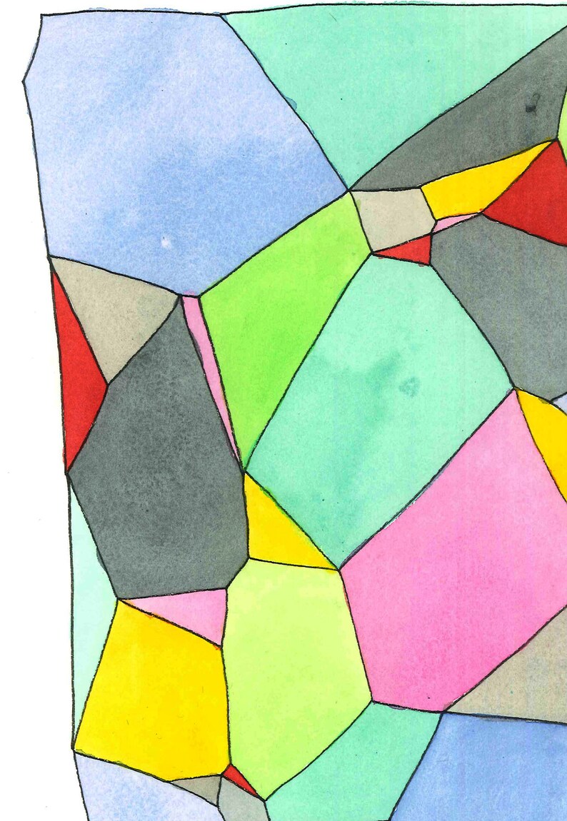 May include: Abstract watercolor painting featuring a mosaic of irregular shapes in various colors. The palette includes blue, green, pink, yellow, gray, and red, outlined in black. The artwork has a modern, geometric aesthetic.